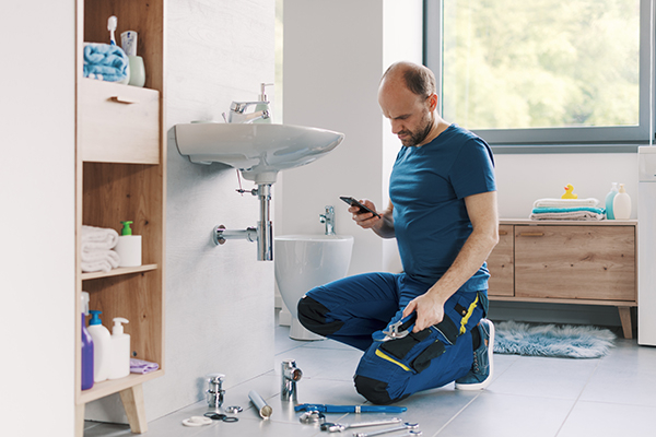 Sanitari in bagno con cellulare in mano
